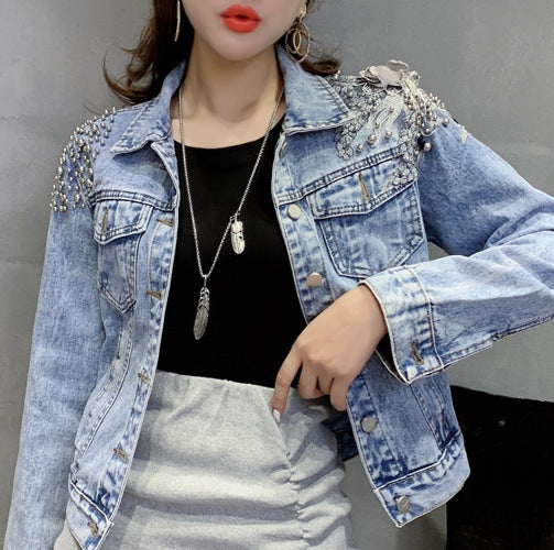 Europe Station New Shoulder Rivet Denim Jacket Women s Short Slim Jacket Three Dimensional Flower Top