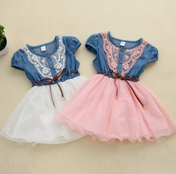 Denim Half-sleeve Stitching Mesh Skirt