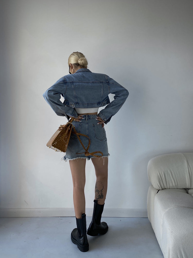 Women's Short Denim Jacket High Waist Slim Skirt Two Piece Suit