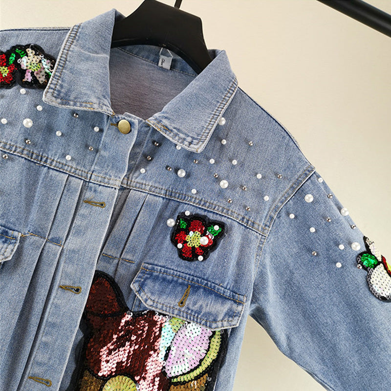 Cartoon Sequin Patch Denim Jacket