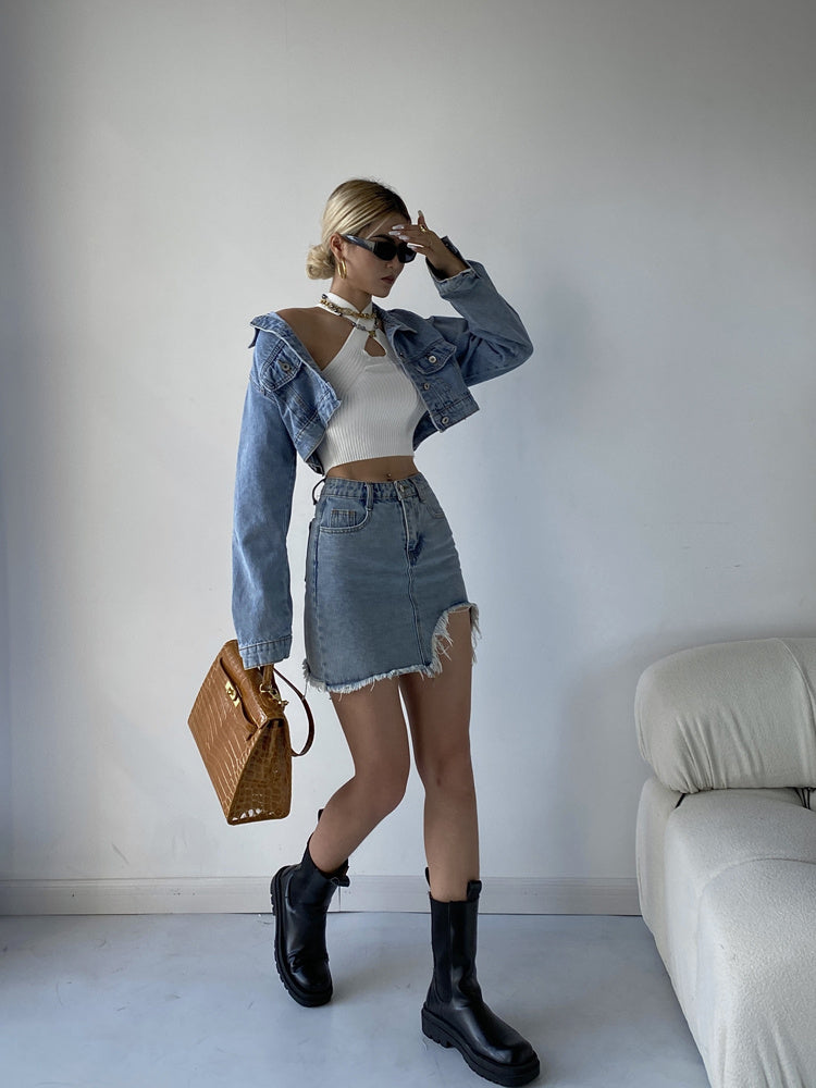 Women's Short Denim Jacket High Waist Slim Skirt Two Piece Suit