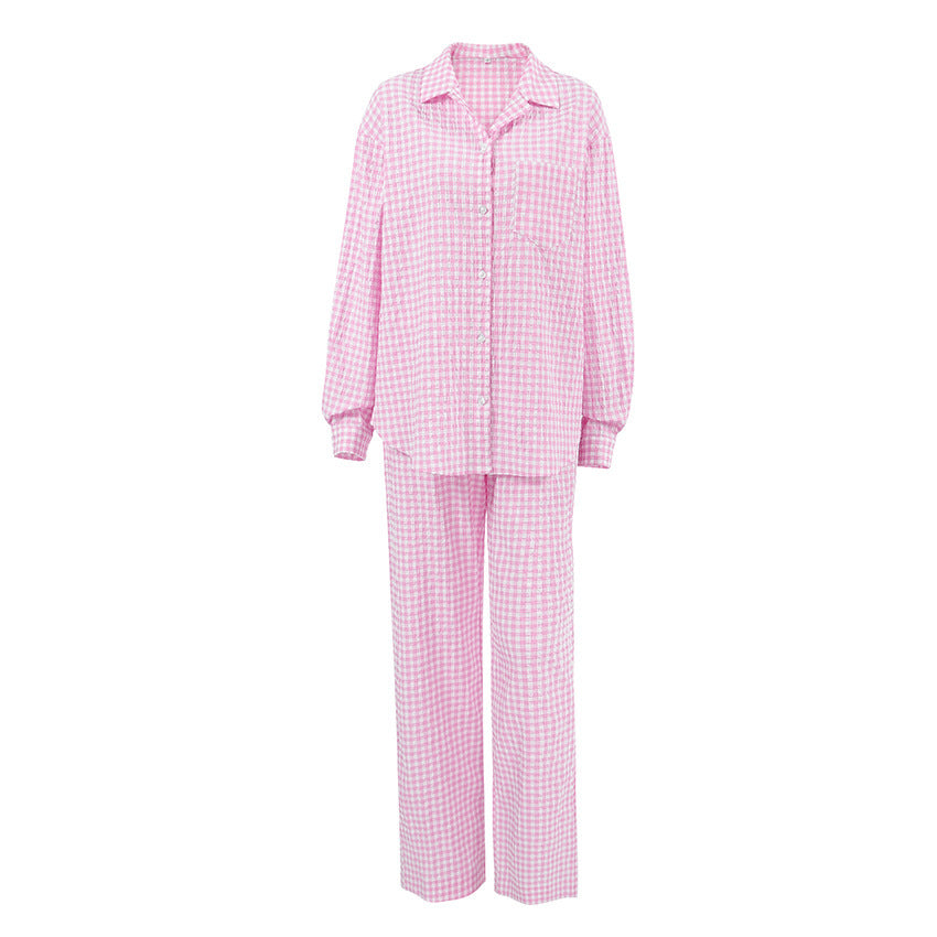 Autumn And Winter New Style Pink Plaid Loose Leisure Suit