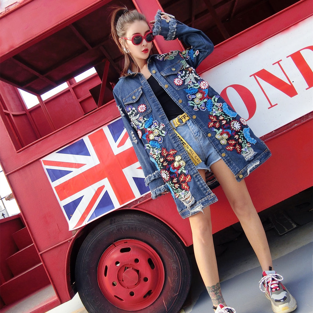 Fashion Loose Mid length Long Sleeved Denim Jacket Women