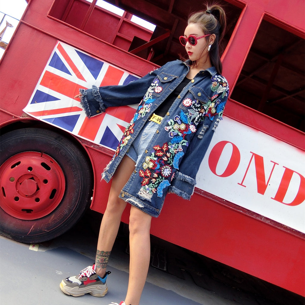 Fashion Loose Mid length Long Sleeved Denim Jacket Women