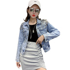 Europe Station New Shoulder Rivet Denim Jacket Women s Short Slim Jacket Three Dimensional Flower Top