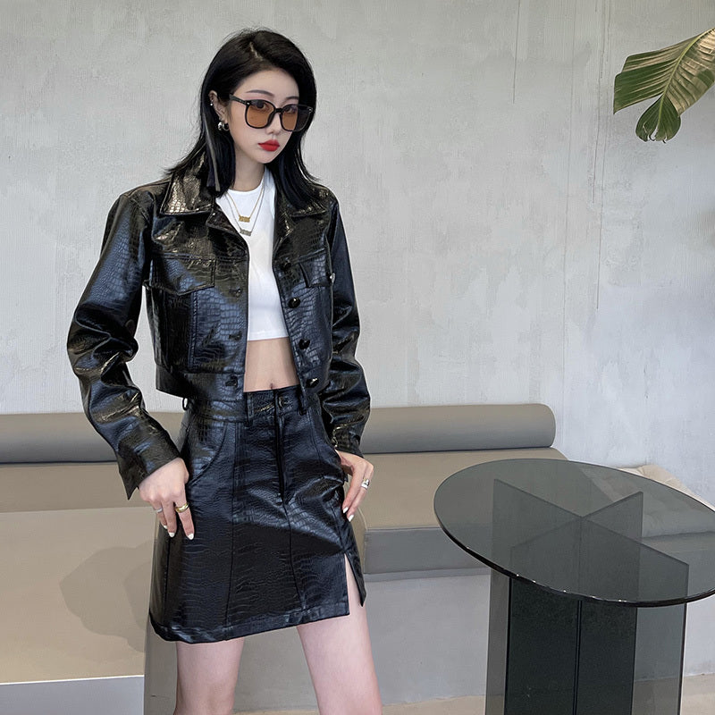 Fashion Two-piece Leather Jacket Half-length Leather Skirt