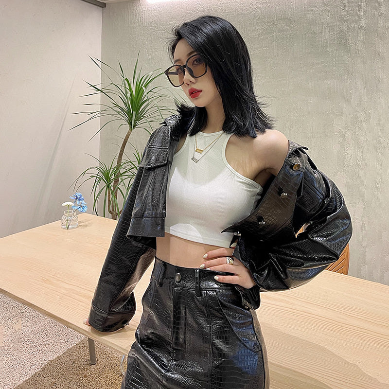 Fashion Two-piece Leather Jacket Half-length Leather Skirt