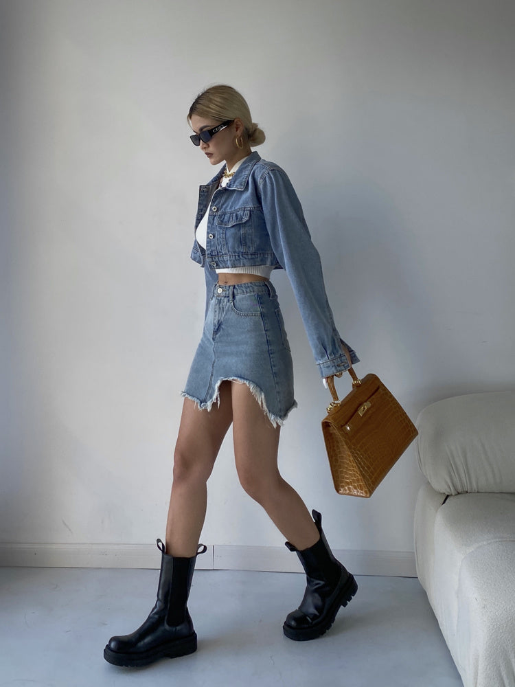 Women's Short Denim Jacket High Waist Slim Skirt Two Piece Suit