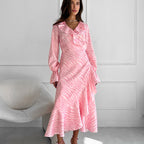 Elegant Ruffled V-neck Flared Sleeves Fishtail Dress