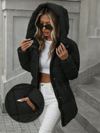 Casual Adjustable Waist Quilted Mid-Length Hooded Padded Padded Coat Clothes Winter For Women