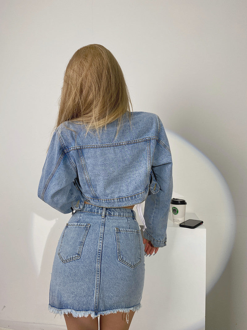 Women's Short Denim Jacket High Waist Slim Skirt Two Piece Suit
