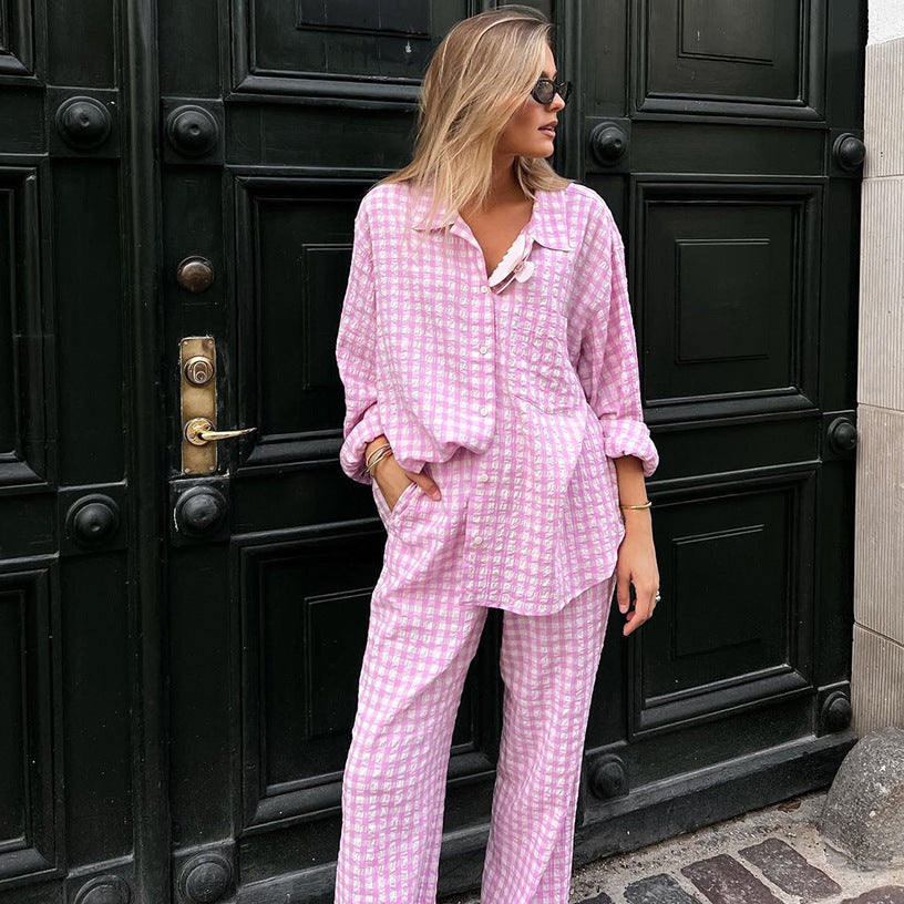 Autumn And Winter New Style Pink Plaid Loose Leisure Suit