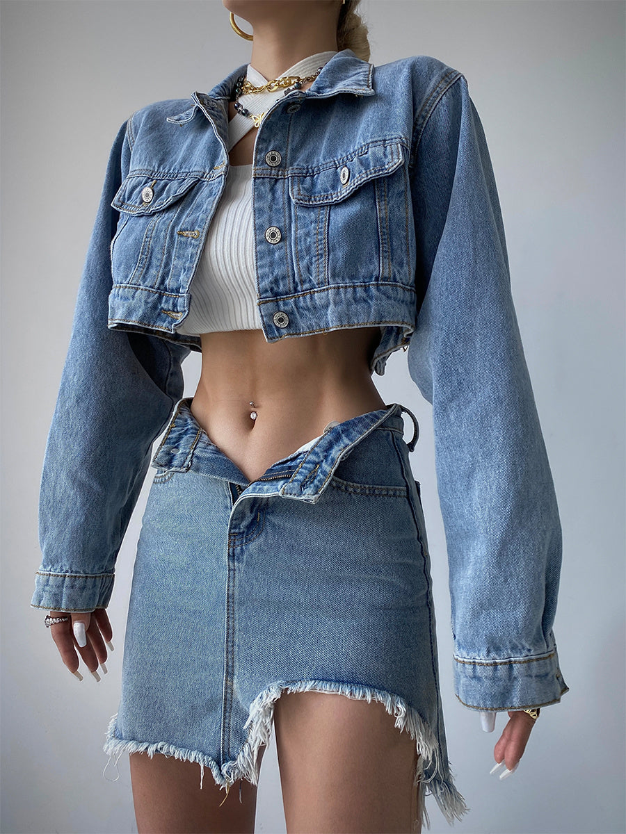 Women's Short Denim Jacket High Waist Slim Skirt Two Piece Suit