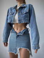 Women's Short Denim Jacket High Waist Slim Skirt Two Piece Suit