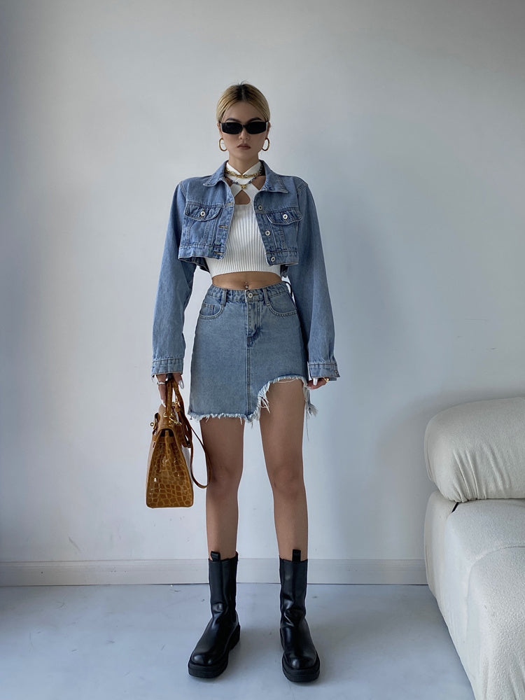 Women's Short Denim Jacket High Waist Slim Skirt Two Piece Suit